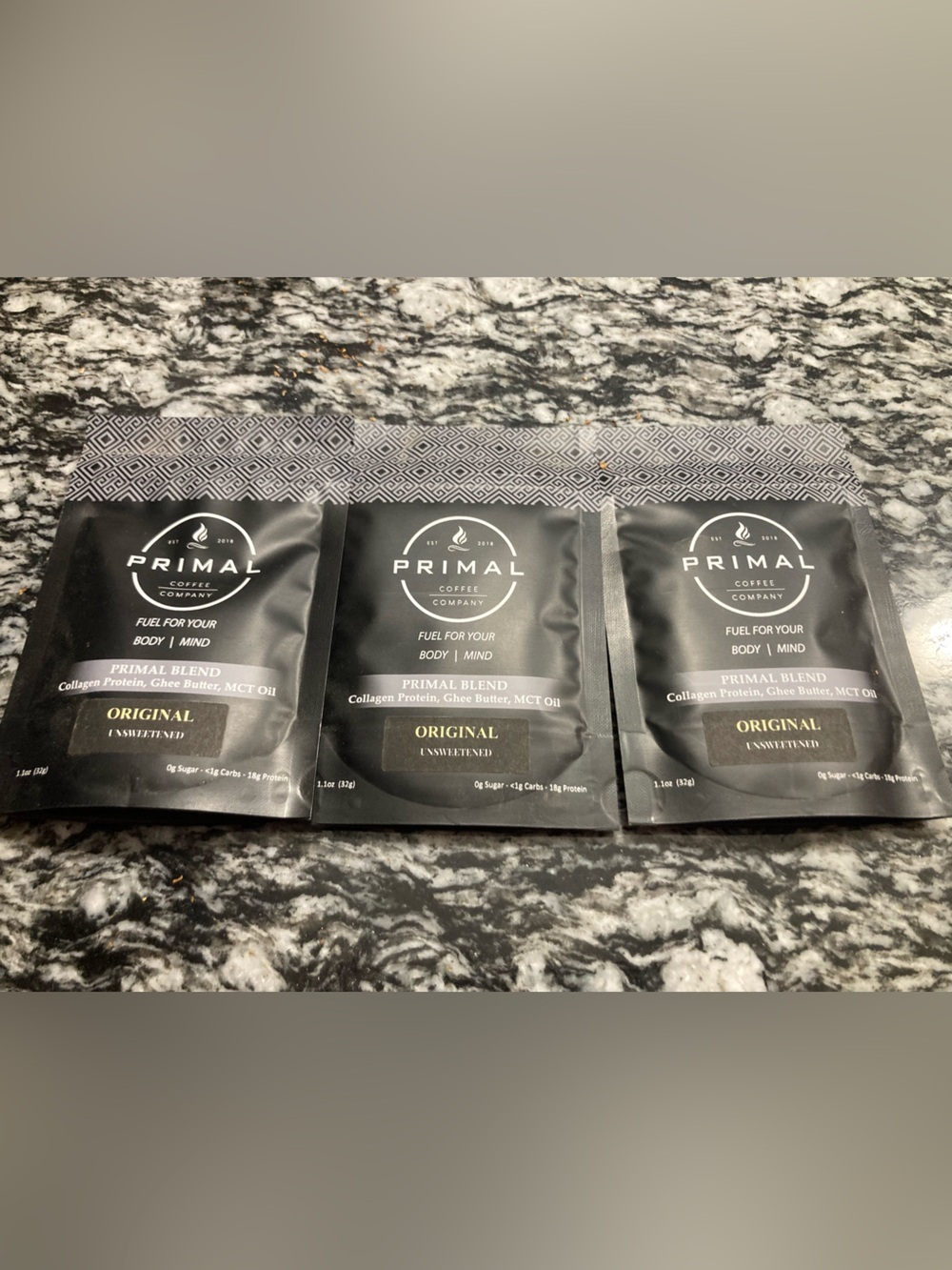 Primal Coffee Company Original Primal Blend- creamer. Includes three 1 oz packs